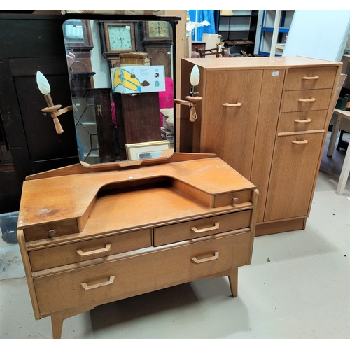 572 - A 1950's light oak 2 piece bedroom suite comprising tallboy with hanging cupboard, small cupboard an... 