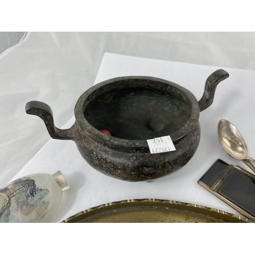157 - A Chinese metal censer and a selection of glass snuff bottles etc