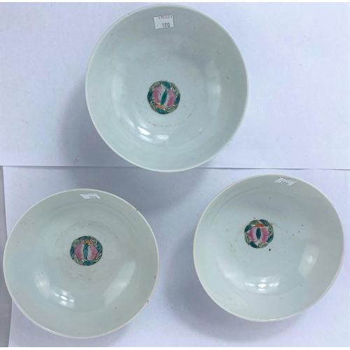 180 - Three Chinese bowls decorated with flowers to the outside, mark to base, diameter 16cm