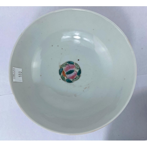 180 - Three Chinese bowls decorated with flowers to the outside, mark to base, diameter 16cm