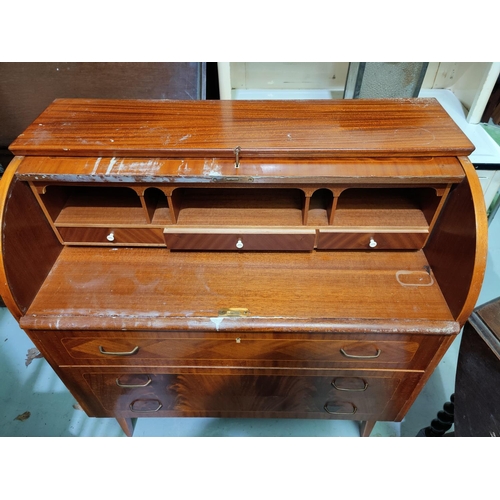 665 - A reproduction mahogany cylinder bureau with 3 drawers underneath, surface stained