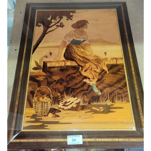 34 - An Italian inlaid wooden Sorrento picture of a woman watching boats at sea 51x38cm
