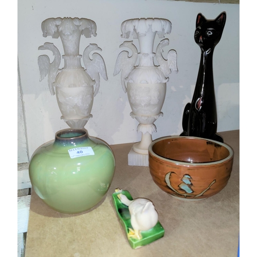 40 - A high gloss glaze green studio pottery vase and similar brown glaze bowl; 2 alabaster coloured deco... 