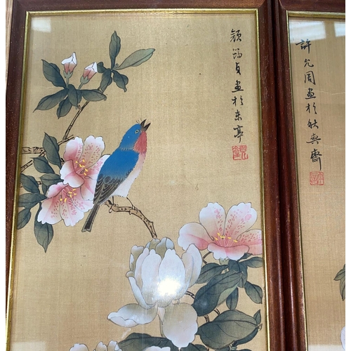 183 - Two of paintings on silk, bird on branch and butterfly on branch amongst flowers, with character mar... 