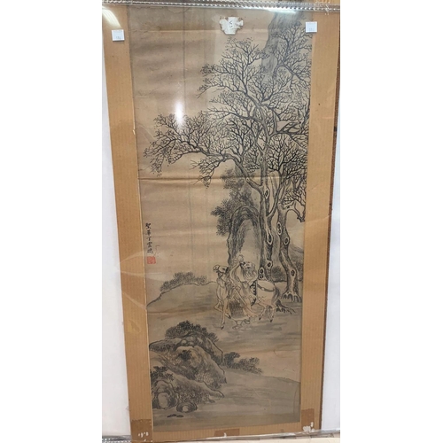 186 - A Chinese painting of man on horse back surrounded by trees etc with character marks and red seam ma... 