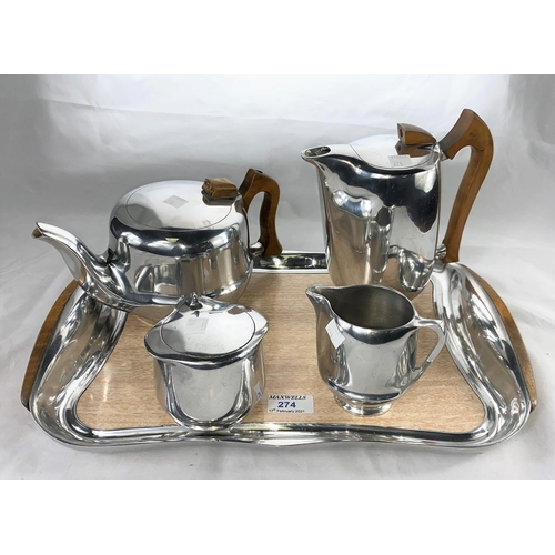 274 - A Picquot ware four piece tea service with tray, polished hardwood mounts