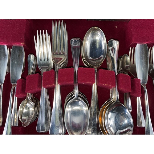 358 - A hallmarked silver canteen of rat tail cutlery, 8 setting, 87 pieces, silver handle knives with sta... 