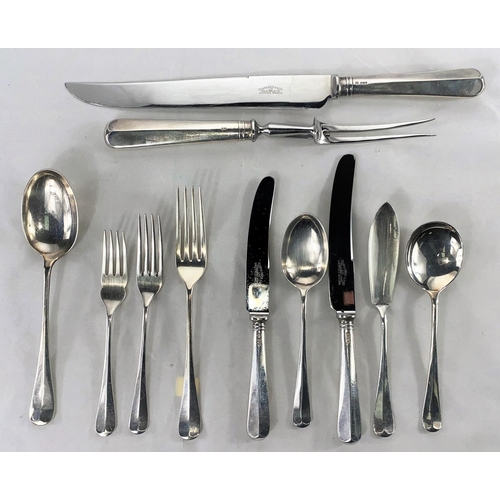 358 - A hallmarked silver canteen of rat tail cutlery, 8 setting, 87 pieces, silver handle knives with sta... 