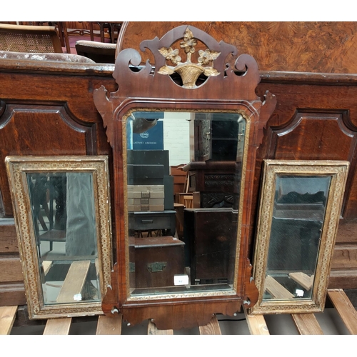 62 - A Chippendale style wall mirror in mahogany and parcel gilt fretwork frame; 3 gilt framed rectangula... 