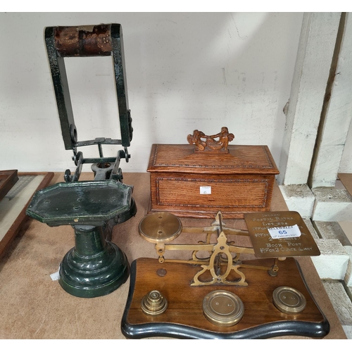 65 - A 19th century set of brass postage scales and weights; another set of scales; a wooden box