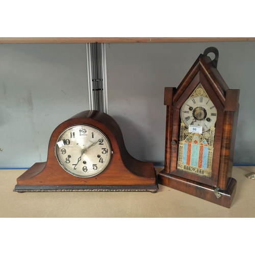 86 - A 19th century American mantel clock in arch top mahogany case; a 1930's chiming mantel clock