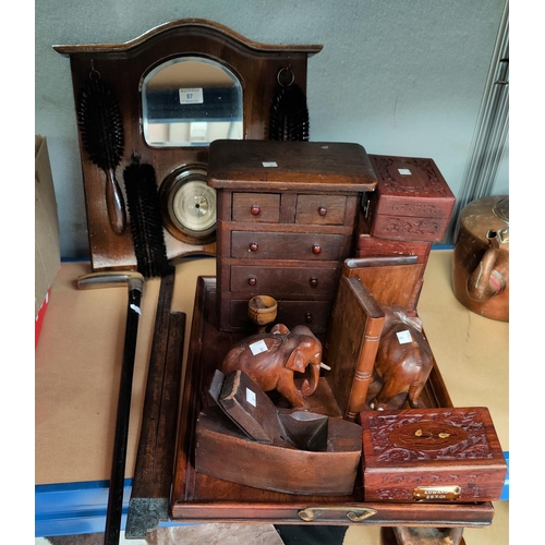 87 - A 1930's stained wood barometer/brush rack; a walking stick; a miniature chest of drawers; etc.