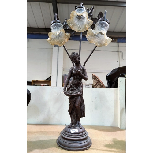120 - An Art Nouveau style table lamp with 3 branches in the form of a bronzed female figure