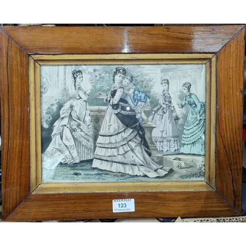 123 - A Victorian hand coloured fashion print, girl with yo-yo in rosewood frame, 33 x 42cm overall