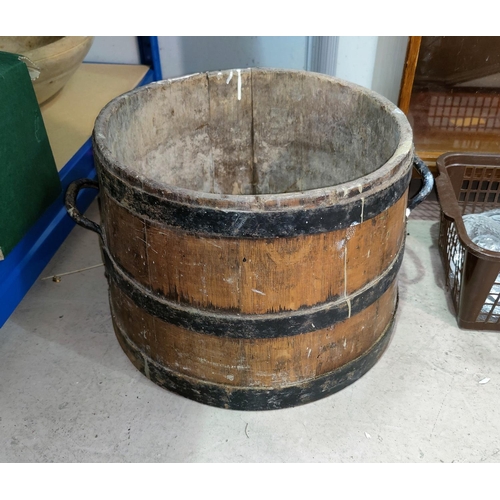132 - A metal bound oak bucket/pot diameter 36 x 27cm