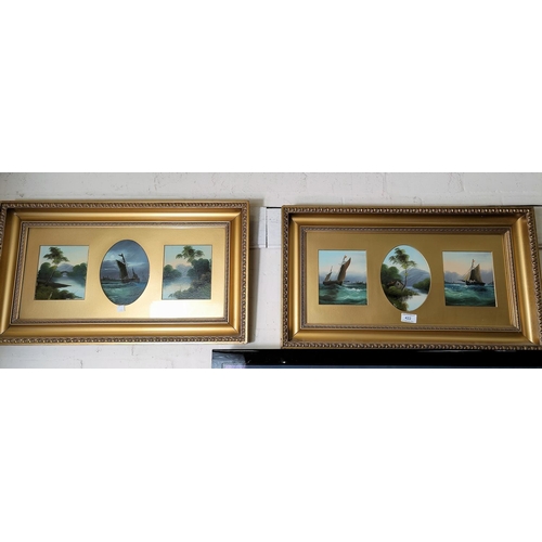 422 - 19th Century:  2 sets of 3 oils on card, landscapes and seascapes, each with central oval picture, 1... 