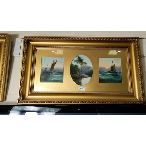 422 - 19th Century:  2 sets of 3 oils on card, landscapes and seascapes, each with central oval picture, 1... 