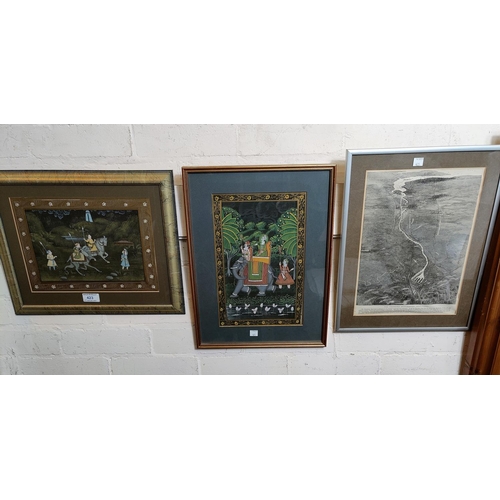 423 - Indo Persian School:   Warriors on camels and horses, watercolours on silk. 17 x 24 cm, framed and g... 