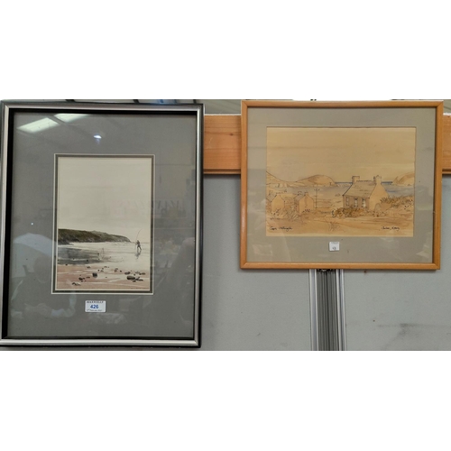 426 - Neal Hopkins:  Man sea fishing from a beach, watercolour, signed, 24 x 17 cm, framed and glazed; oth... 