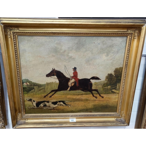 436 - 19th century huntsman at a gallop with 2 hounds oil on canvas, unsigned 46 x 56cm framed