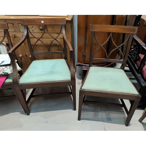 518 - A set of 6 (4 + 2) crossbanded dining chairs in the Sheraton style with double 'X' splats and reeded... 