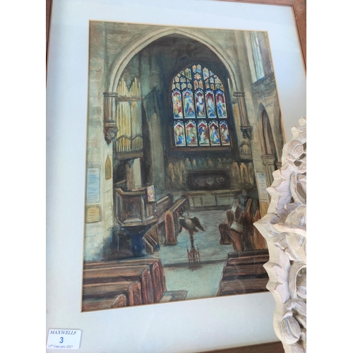 3 - A watercolour of Norbury Church, Hazel Grove; other pictures and mirrors