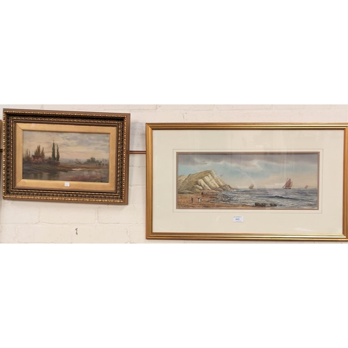 445 - W H Earp:  Coastal scene, watercolour, 20 x 53 cm, signed, framed and glazed; an oil on canvas:  Pas... 