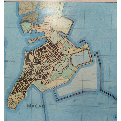 70 - A Mid 20th Century hand drawn and coloured map of Macau and surrounding areas
