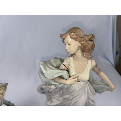 105 - Lladro figure of a girl in long dress and shawl (arm broken - see image) and boy with dog