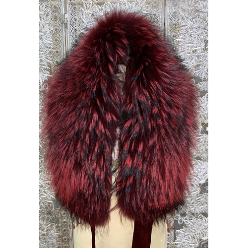 236 - A dyed red with black tips fur collar and a striped faux 
fur wrap / scarf