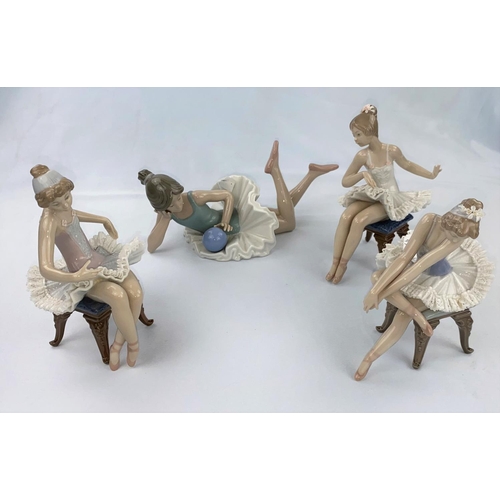 49 - Three Lladro figures of girl ballerinas sitting on chairs; a Nao figure, girl reclining with a ball