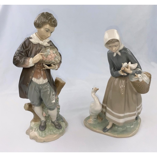 52 - Two Lladro figures  - 19th century boy with flowers height 27cm, girl with duckling height 24cm