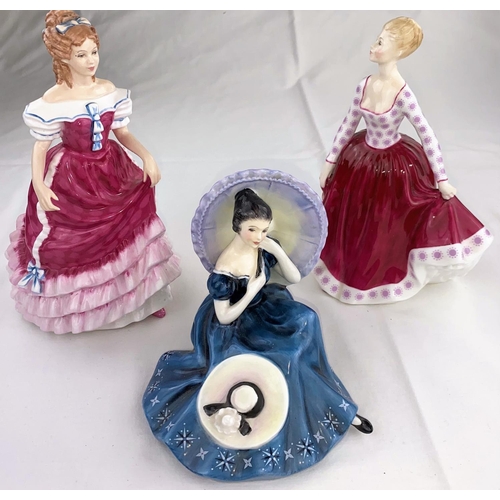 85 - 3 Royal Doulton figures of ladies - Pensive Moments HN2704; Fiona HN2694; Sweet Sixteen HN3648; Coal... 