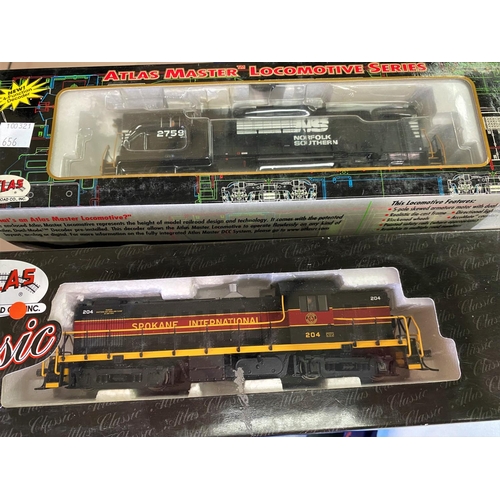 656 - ATLAS: 4 HO model locomotives: ALCO RS-1 Vermont, GP39-2 Ph2 Soo Line, GP-38 High Nose N&S and RS-1 ... 