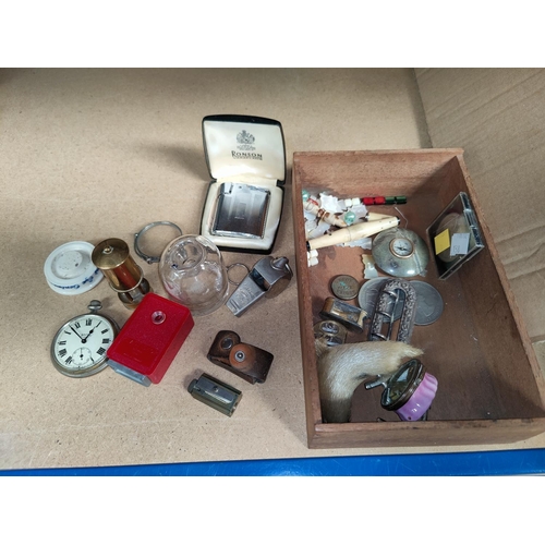 138 - A Bilston enamel box, a pocket watch, a Ronson lighter, lorgnettes & collectables & coins
