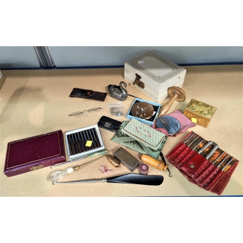 148 - A selection of sewing collectables, a jewellery box & contents, 2 compacts