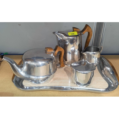 156 - A Picquot ware 4 piece tea service with tray, polished hardwood mounts