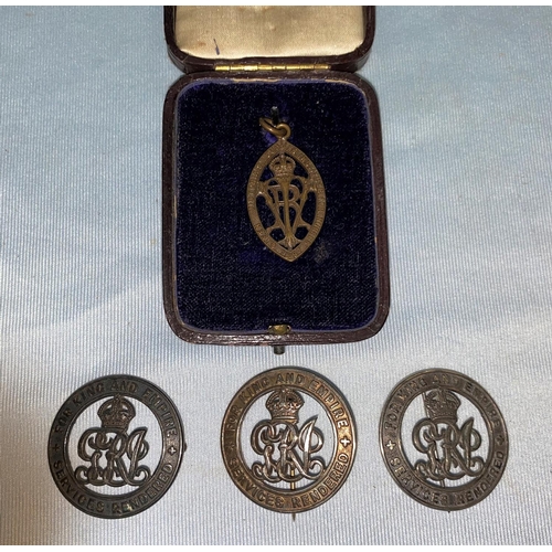 376 - Three WWI silver war badges 110038 (no pin), B7255, B114889, a QV Jubilee Institute for Nurses badge... 