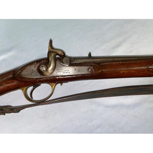 389 - An antique percussion cap rifle with lock marked Tower 1860 with crown V R mark, length 120cm