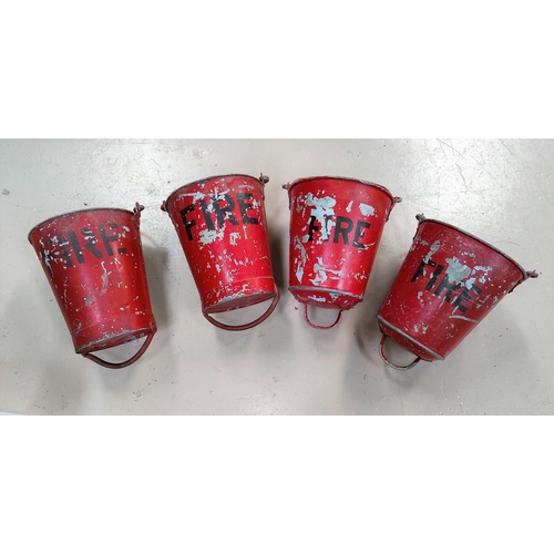 215 - Four red painted and galvanised iron firebuckets with loop handles bases, 40cm approx