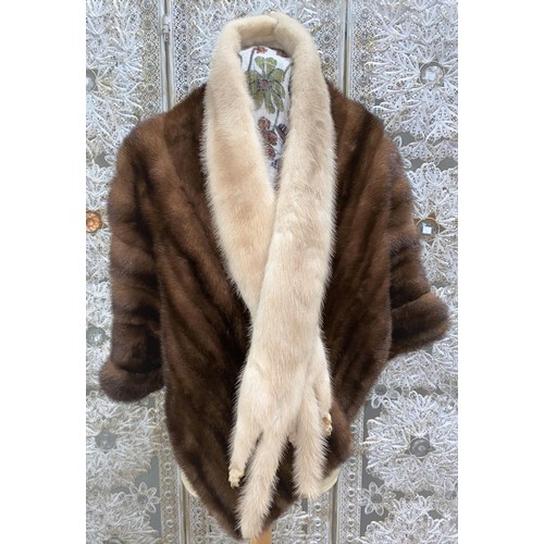 226 - A brown mink short jacket, a blonde mink scarf, a bowler hat