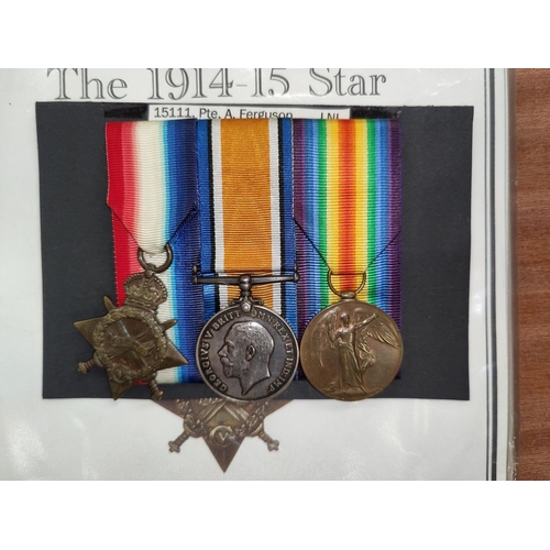 355 - 15111 Private A. Ferguson, Royal North Lancashire Regiment, 1914-15 Star trio with copy paperwork