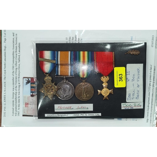 363 - 2152 Private G. Jones Royal North Lancashire Regiment, 1914 Mons Star trio, a Belgian veterans medal... 
