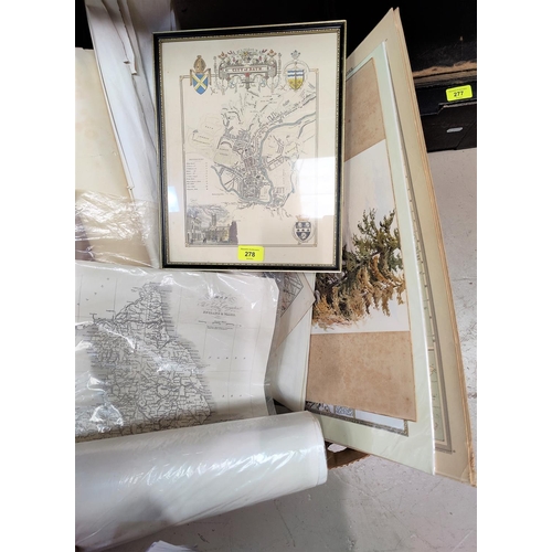 278 - A framed map of Bath, various other maps unframed