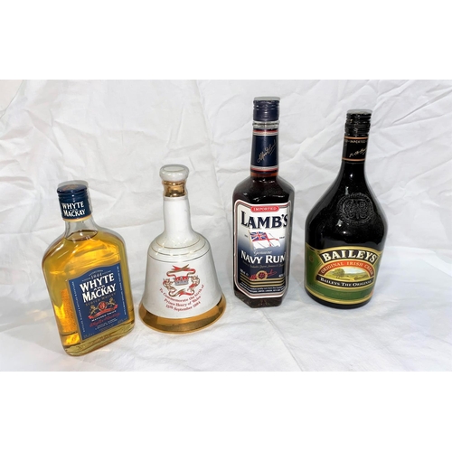 526 - A bottle of Lambs Navy rum; a common bottle of Bells whisky; a litre bottle of Baileys liqueur; a ha... 