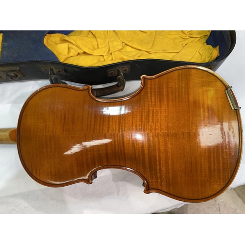 545 - A mid 20th century violin with 2 piece back, length of body 35.5cm with bow and hard case