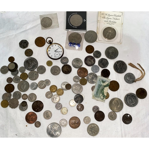 797 - Two £5 QEII crowns, a Benjamin Bunny 50p, a pocket watch and various coins