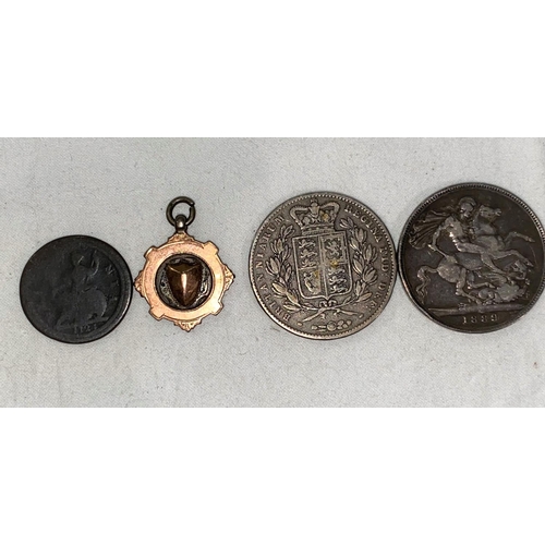 798 - A QV crown 1847, another 1889, a George II halfpenny 1724 (worn) and a gilt faced silver fob