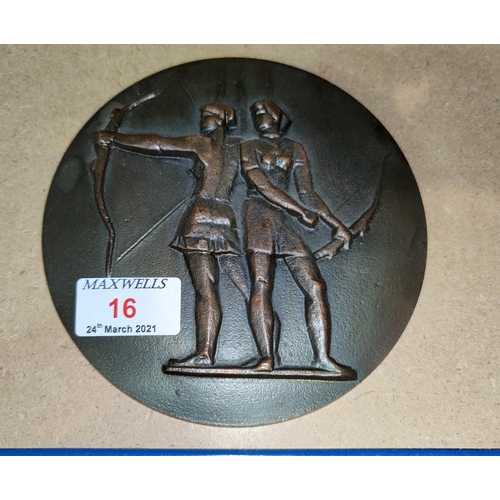 16 - A bronze circular medallion depicting 2 female archers in relief, Moscow Olympics logo on the revers... 
