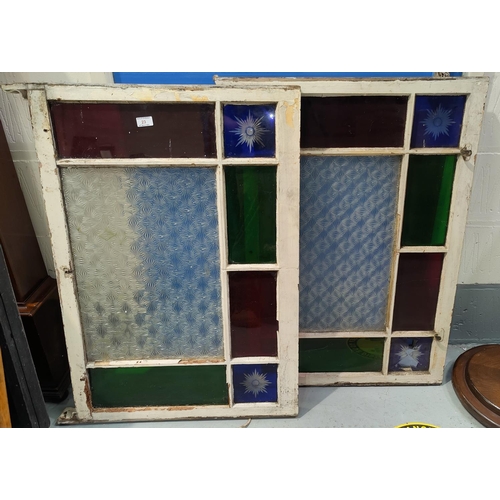 23 - Two multiple pane windows with coloured glass panels (2 small quarter blue panes a.f.)